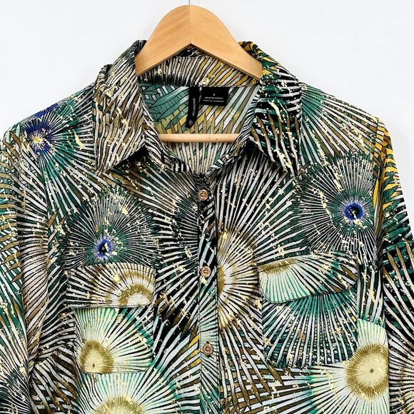 New Directions Sunburst Fireworks Blouse Womens Size Large Green Gold Yellow - Picture 3 of 11